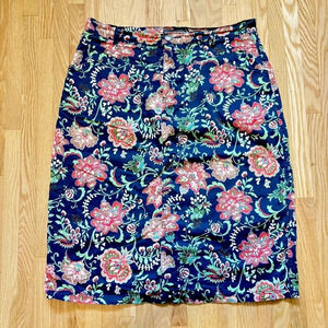 Equinox | Blue & Floral Denim Feeling Skirt with Front Pockets and 1 Back Pocket